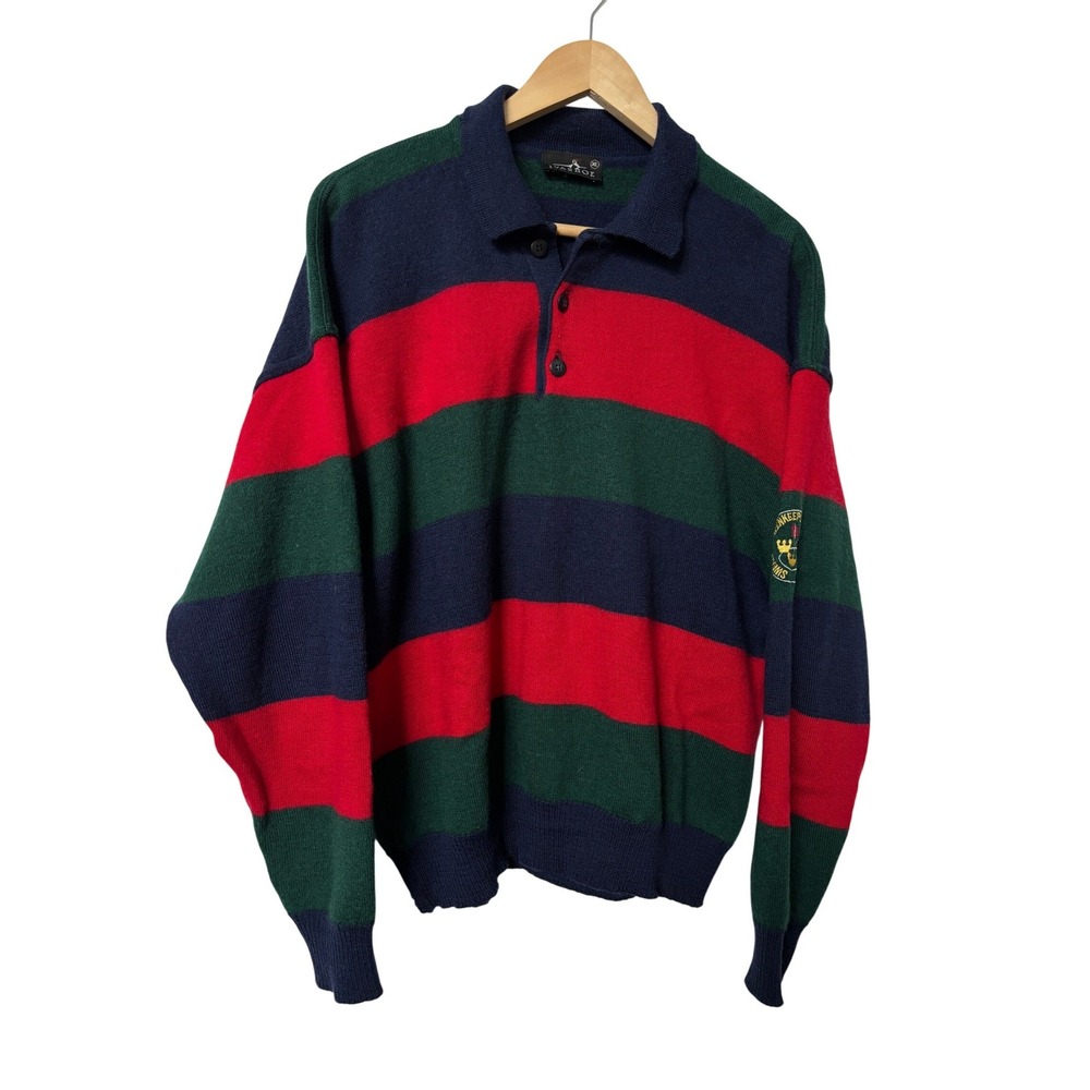 Ivanhoe Mens XL Striped Knit Polo Sweater Navy Red Green Swedish Greenkeepers
